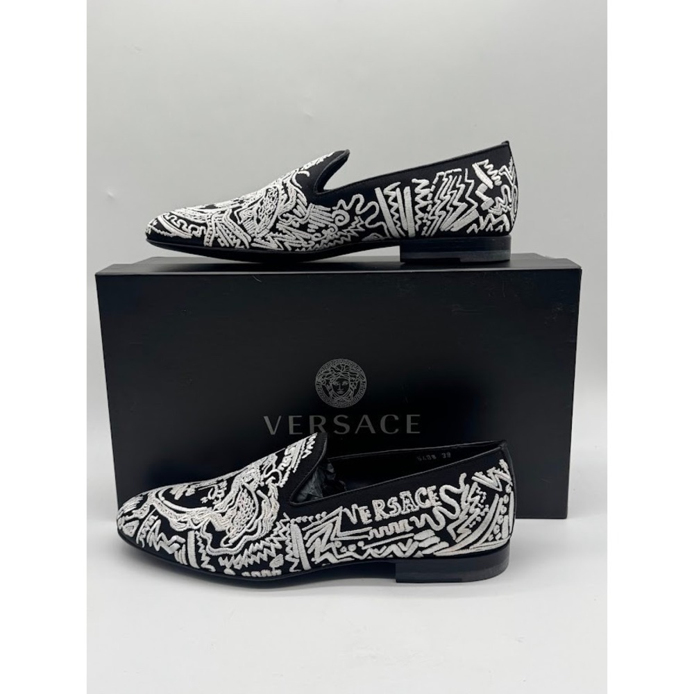 Versace Medusa Embroidered Slippers Black White Loafers DSU6488 US7 IT39 NEW - Picture 2 of 12